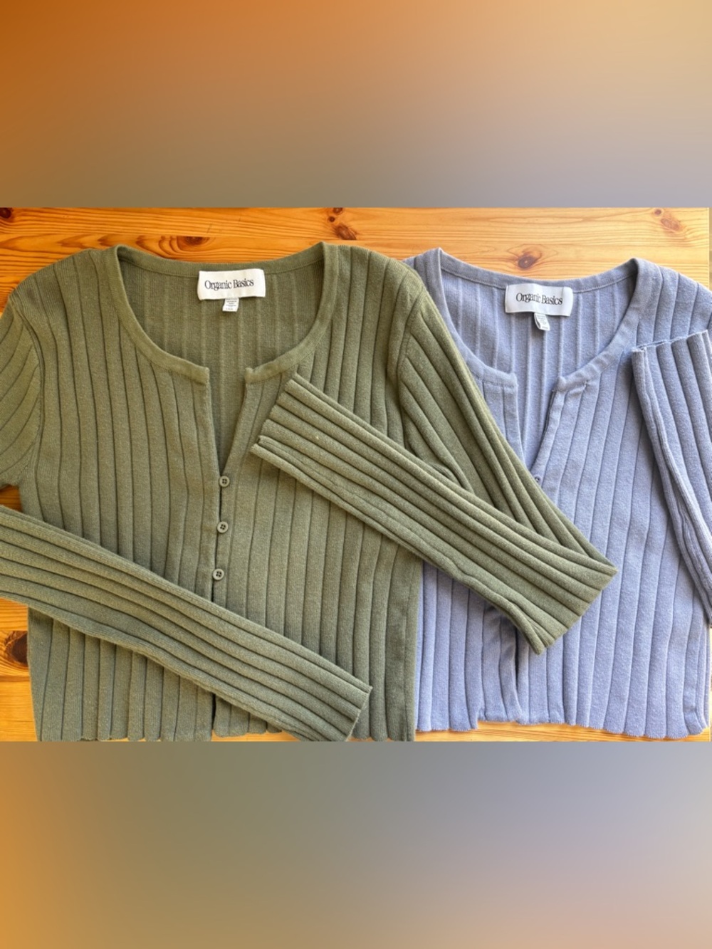 Organic Basics Olive LARGE, & Lavender MEDIUM Ribbed Button Cardigan lot